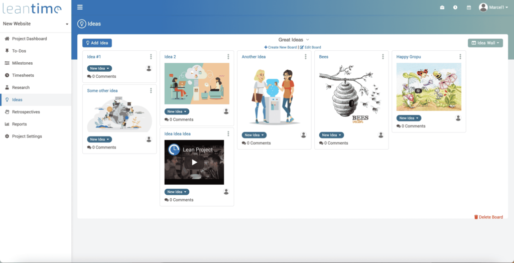 Leantime Idea Management Idea Boards shown in a Kanban view