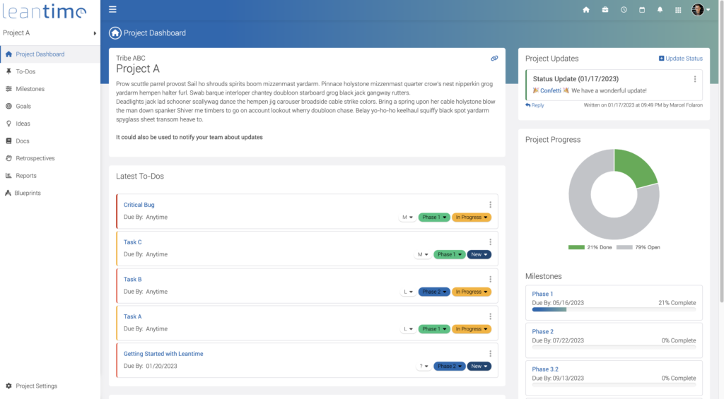 Leantime's Project Dashboard Overview showing project progress, latest to-dos and 