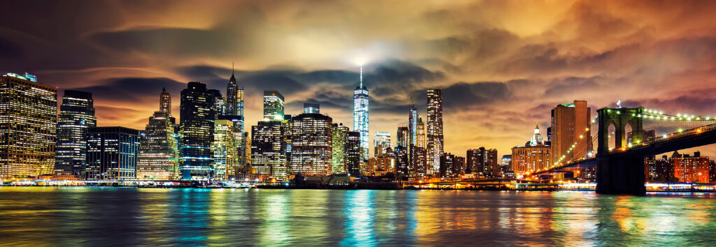 View of Manhattan at sunset, New York City.