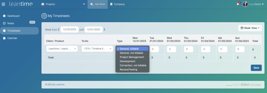 Leantime New Personal Timesheets View