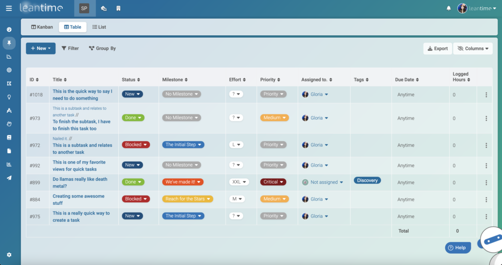 Tasks Table View Leantime